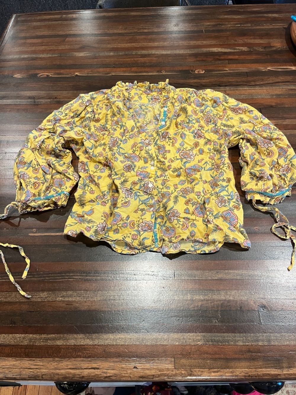 Sundance Anthropologie Yellow Floral Ruffle-Trim Women's Blouse medium